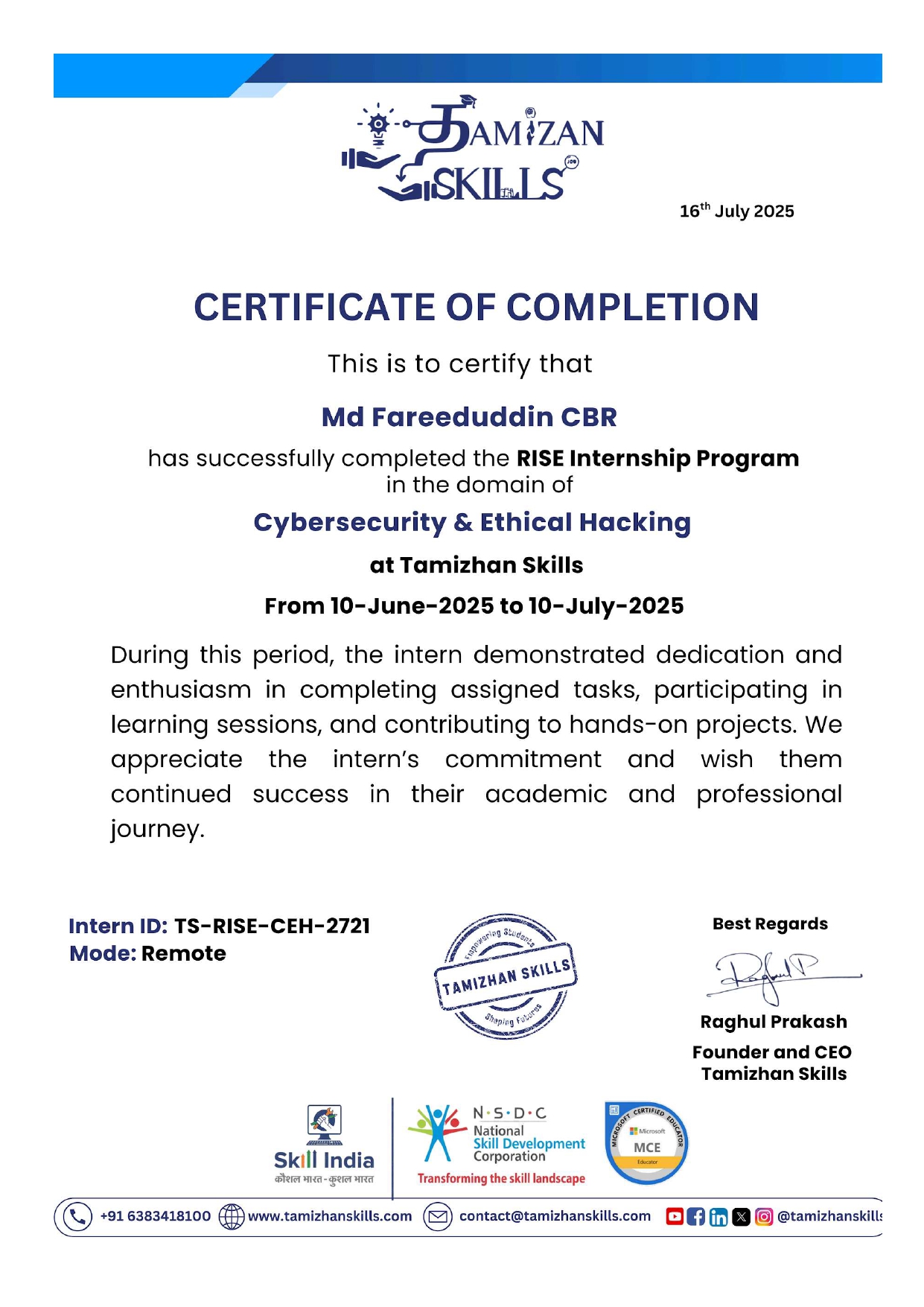 CyberSecurity & Ethical Hacking CERTIFICATE Intern