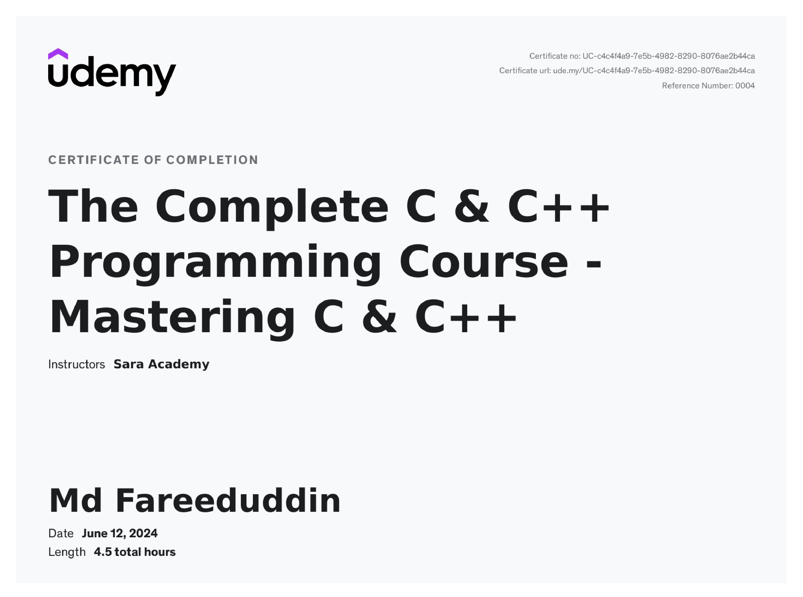 Certificate of C and C++ by sara academy